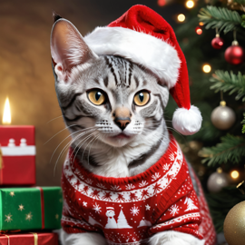 egyptian mau cat in a christmas sweater and santa hat, lifelike and festive.