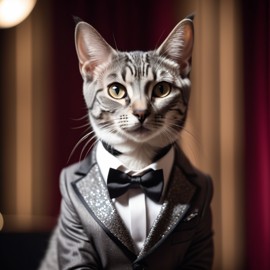 egyptian mau cat in a classy suit on a fashion stage, showcasing elegance and charm in a highly detailed, epic scene.