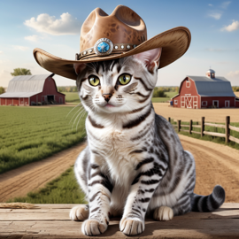 egyptian mau cat as a cowboy wearing a hat, in the midwest countryside, on a farm.