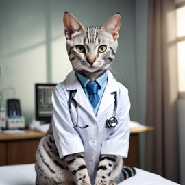 egyptian mau cat as a doctor with extreme detail in a studio setting, lifelike and high resolution.