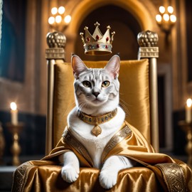 egyptian mau cat as a king in a magical castle, wearing a crown and robe, seated on a throne.