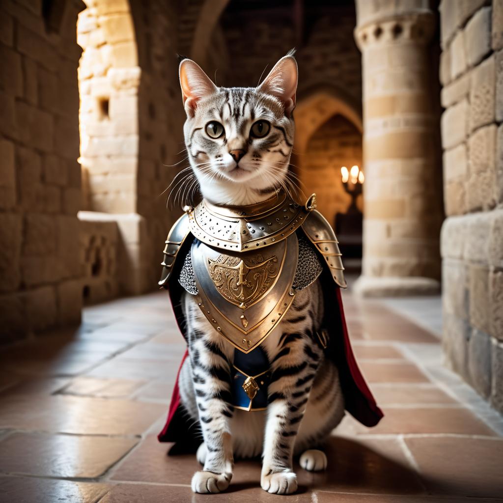 egyptian mau cat as a medieval knight in a cinematic film still, detailed armor, set in a grand medieval castle.