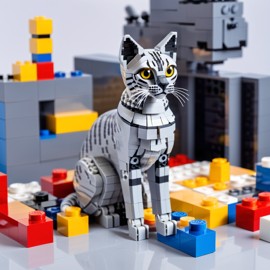 egyptian mau cat made of lego bricks in a professional studio photo, detailed and colorful lego environment.