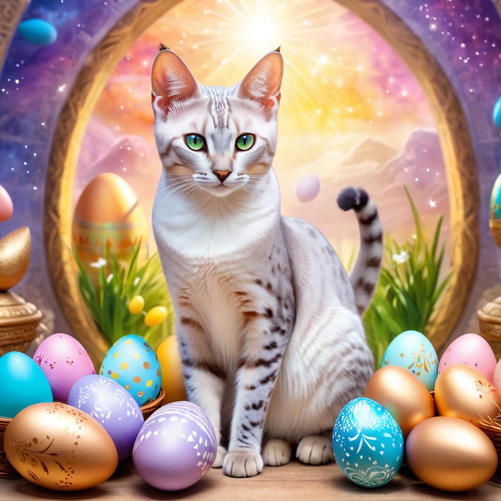 egyptian mau cat in a magical easter setting with colorful eggs, ethereal and dreamy details.