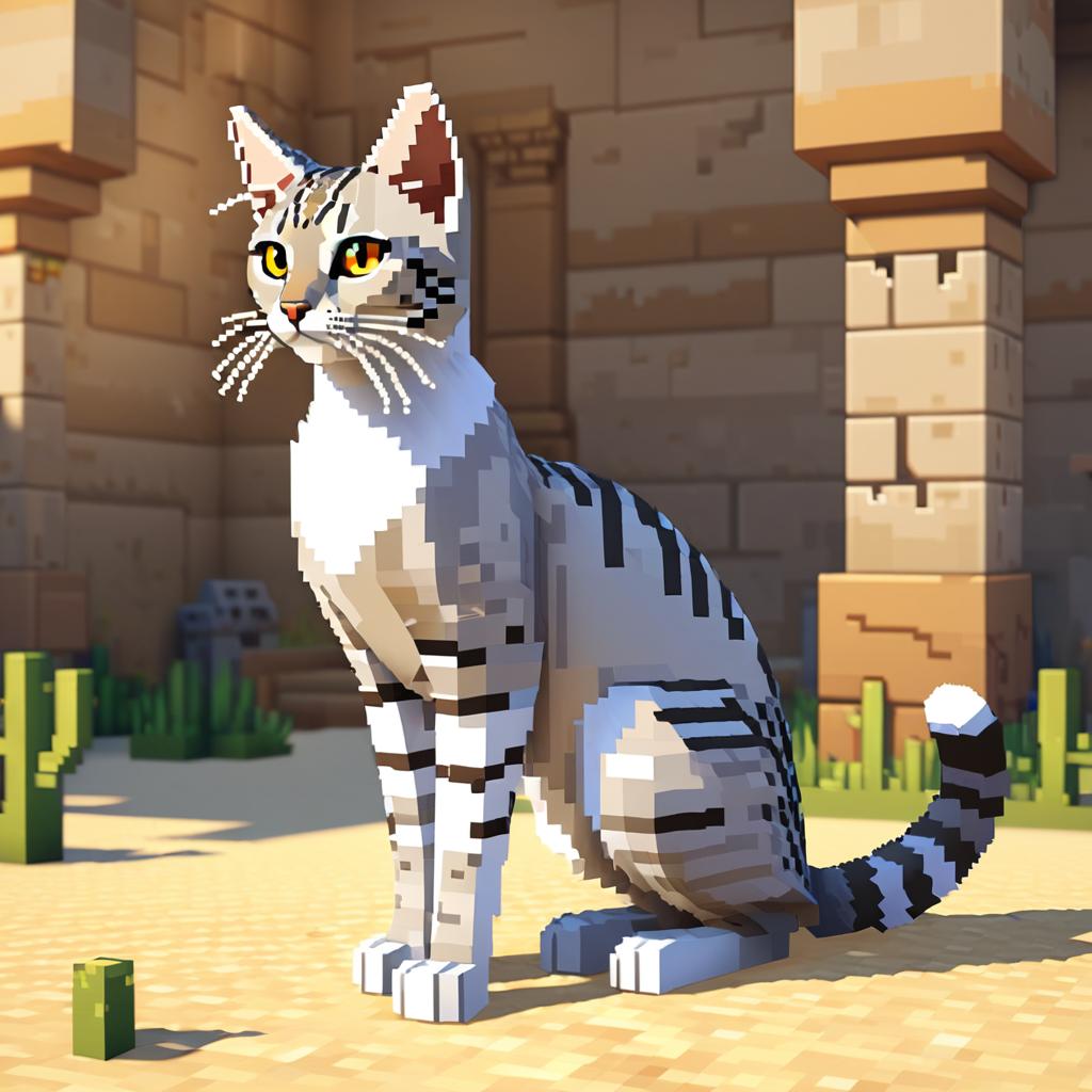 egyptian mau cat as a minecraft character in pixel graphics, capturing the charm of the blocky minecraft universe.