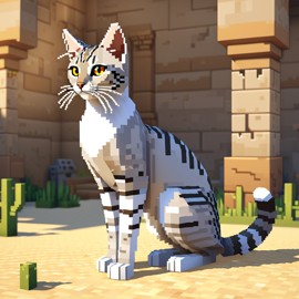 egyptian mau cat as a minecraft character in pixel graphics, capturing the charm of the blocky minecraft universe.