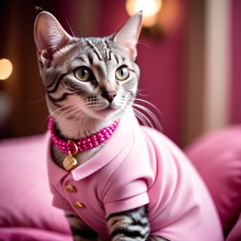 egyptian mau cat dressed in pink clothing, in a beautiful pink scene, radiating joy and cuteness.