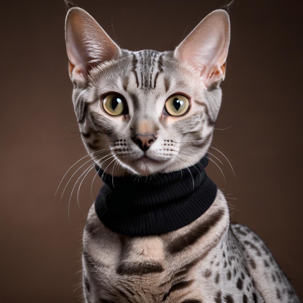 professional headshot of egyptian mau cat wearing a black turtleneck for a cv or linkedin, studio photo.