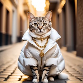 egyptian mau cat in a large white puffer coat with golden hip hop chains, set in a posh urban environment.