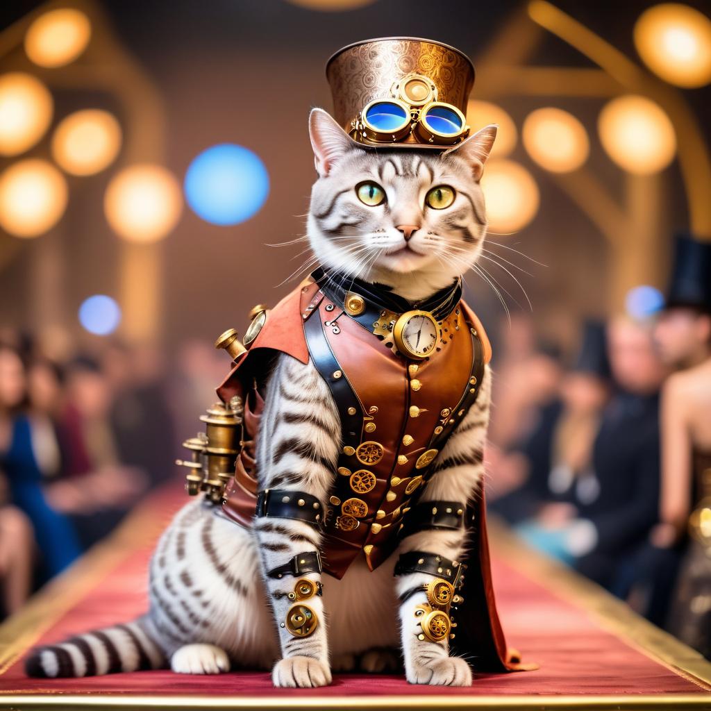 egyptian mau cat strutting down the fashion show catwalk stage in an elaborate steampunk outfit featuring leather harnesses, brass gears, and a top hat, high energy and dramatic.