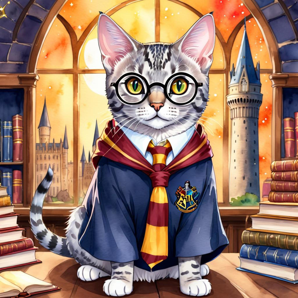 watercolor painting of egyptian mau cat as harry potter, complete with glasses and hogwarts backdrop, highlighting a vibrant and magical scene.