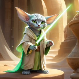 egyptian mau cat as yoda from star wars, holding a green lightsaber in a cinematic star wars scene.