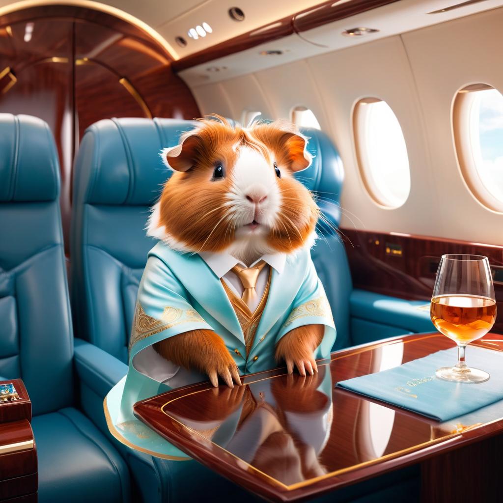 abyssinian guinea pig in a gulfstream private jet, dressed in elegant clothing, capturing a posh and magical moment.