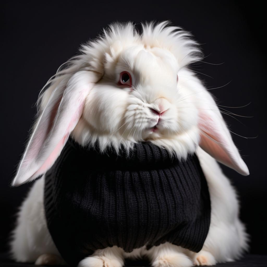 english angora rabbit in a black turtleneck, against a diffused background, looking cute and elegant.