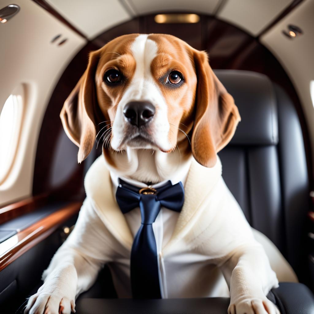 beagle in a gulfstream private jet, dressed in elegant clothing, capturing a posh and happy moment.