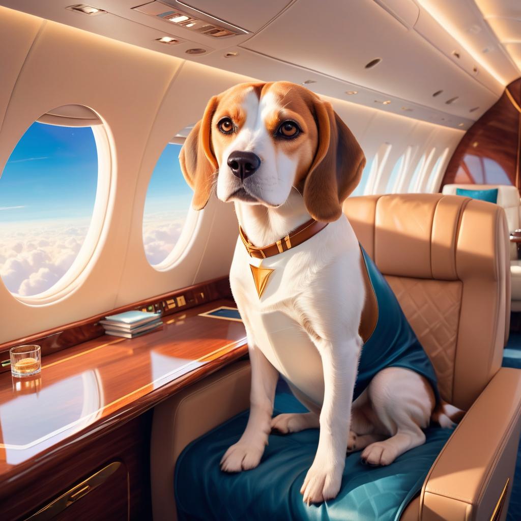 beagle in a gulfstream private jet, dressed in elegant clothing, capturing a posh and magical moment.