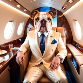 bulldog in a gulfstream private jet, dressed in elegant clothing, capturing a posh and magical moment.