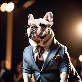 bulldog in a classy suit on a fashion stage, showcasing elegance and charm in a highly detailed, epic scene.