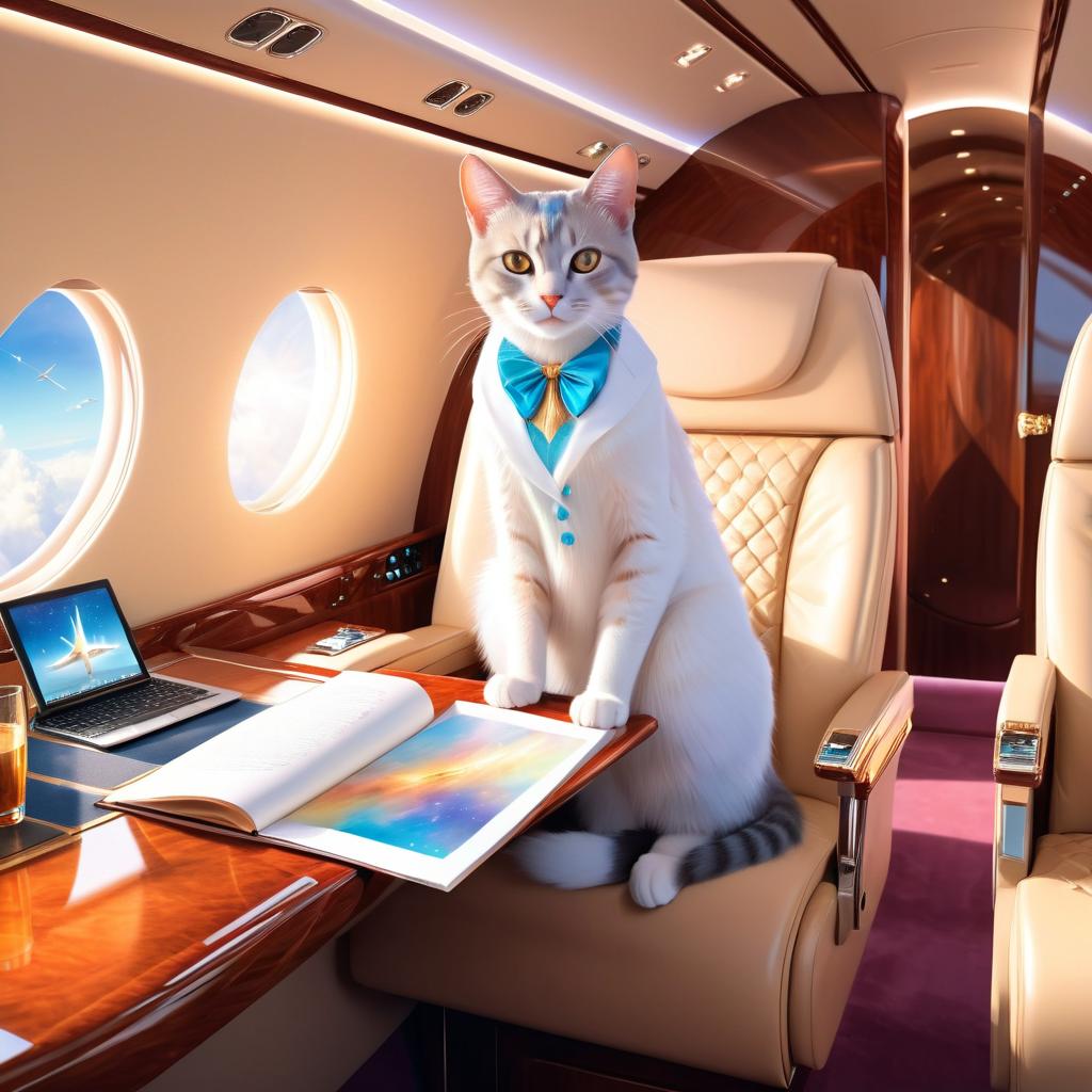 domestic shorthair cat in a gulfstream private jet, dressed in elegant clothing, capturing a posh and magical moment.