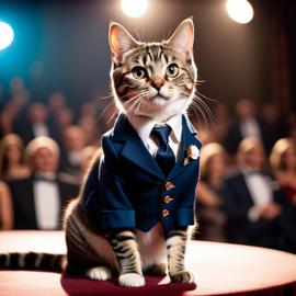 domestic shorthair cat in a classy suit on a fashion stage, showcasing elegance and charm in a highly detailed, epic scene.