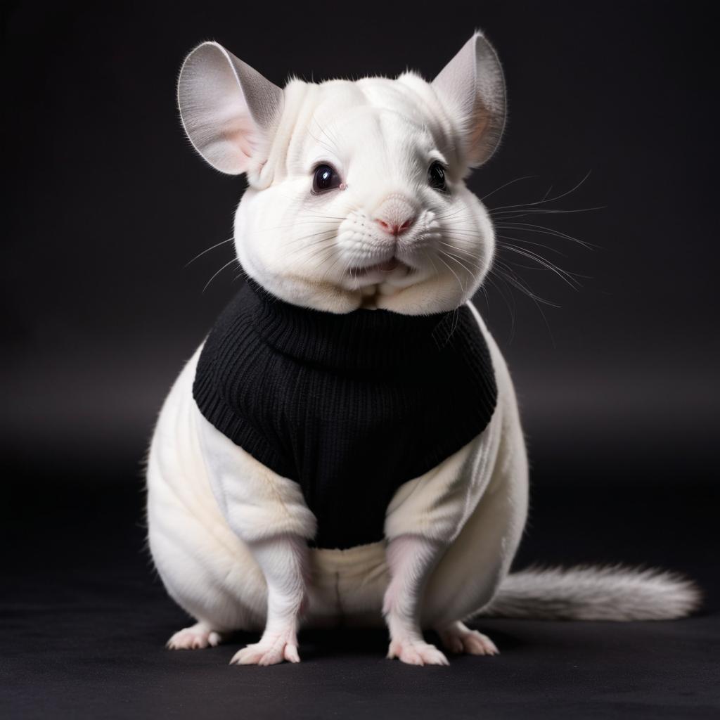 white chinchilla in a black turtleneck, against a diffused background, looking cute and elegant.