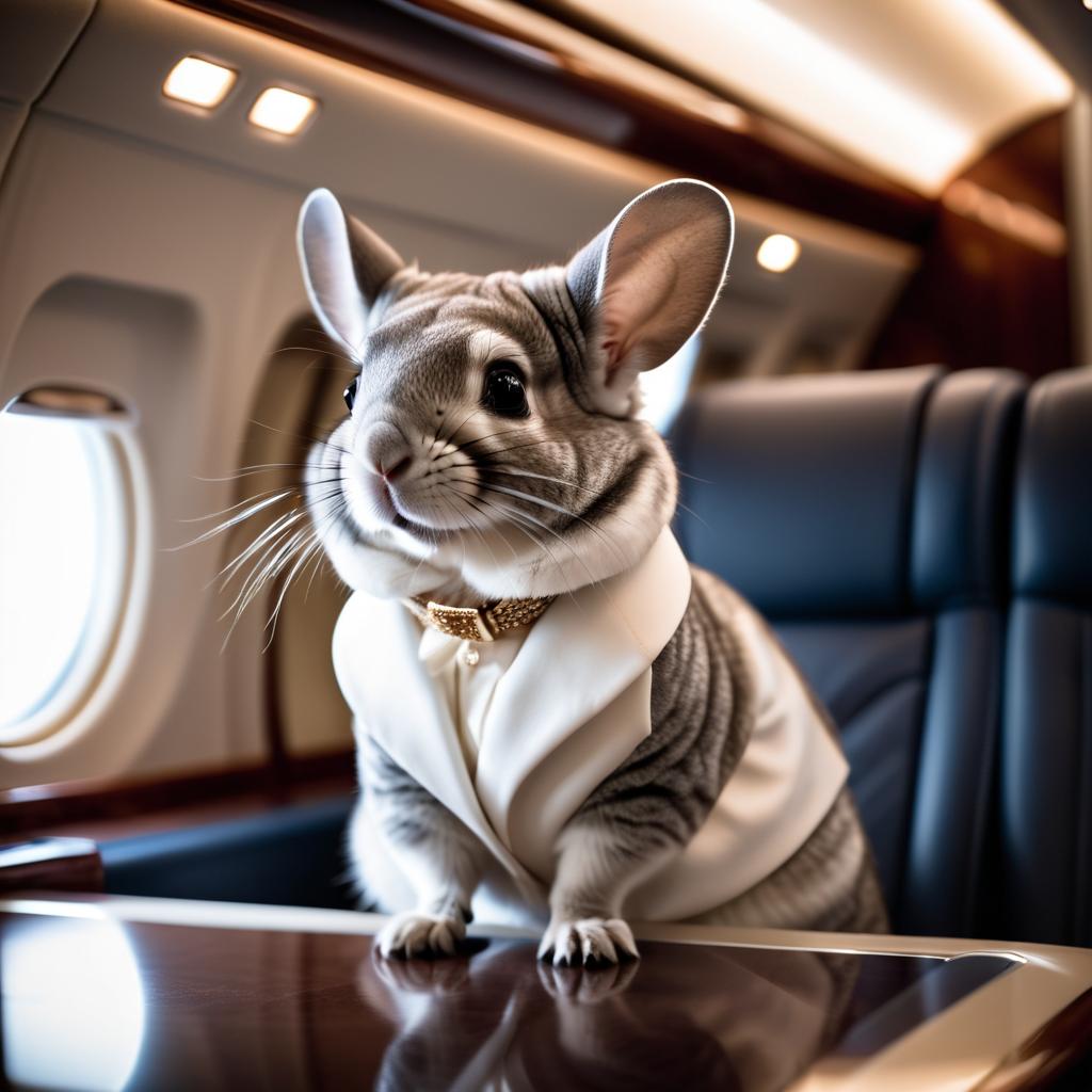 standard grey chinchilla in a gulfstream private jet, dressed in elegant clothing, capturing a posh and happy moment.