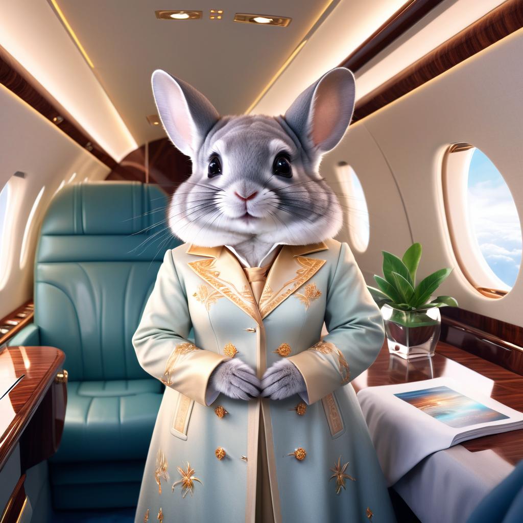 standard grey chinchilla in a gulfstream private jet, dressed in elegant clothing, capturing a posh and magical moment.