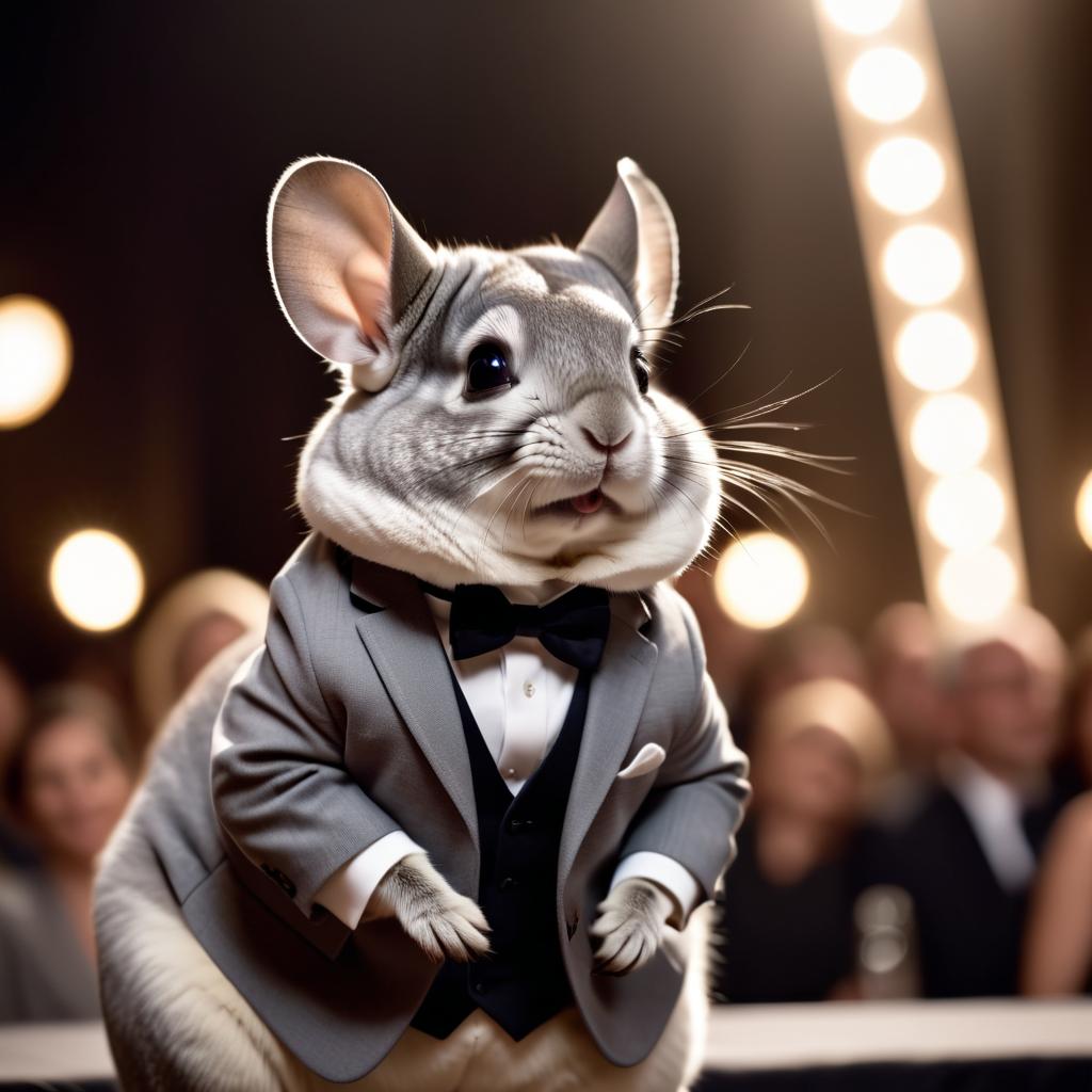 standard grey chinchilla in a classy suit on a fashion stage, showcasing elegance and charm in a highly detailed, epic scene.