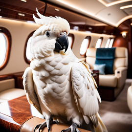 cockatoo bird in a gulfstream private jet, dressed in elegant clothing, capturing a posh and happy moment.