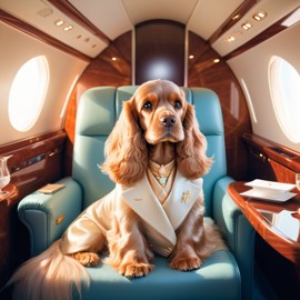 cocker spaniel in a gulfstream private jet, dressed in elegant clothing, capturing a posh and magical moment.