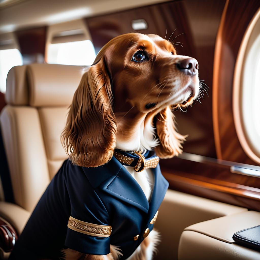 cocker spaniel in a gulfstream private jet, dressed in elegant clothing, capturing a posh and happy moment.