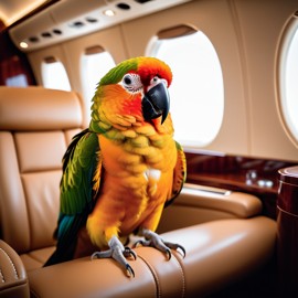 conure bird in a gulfstream private jet, dressed in elegant clothing, capturing a posh and happy moment.