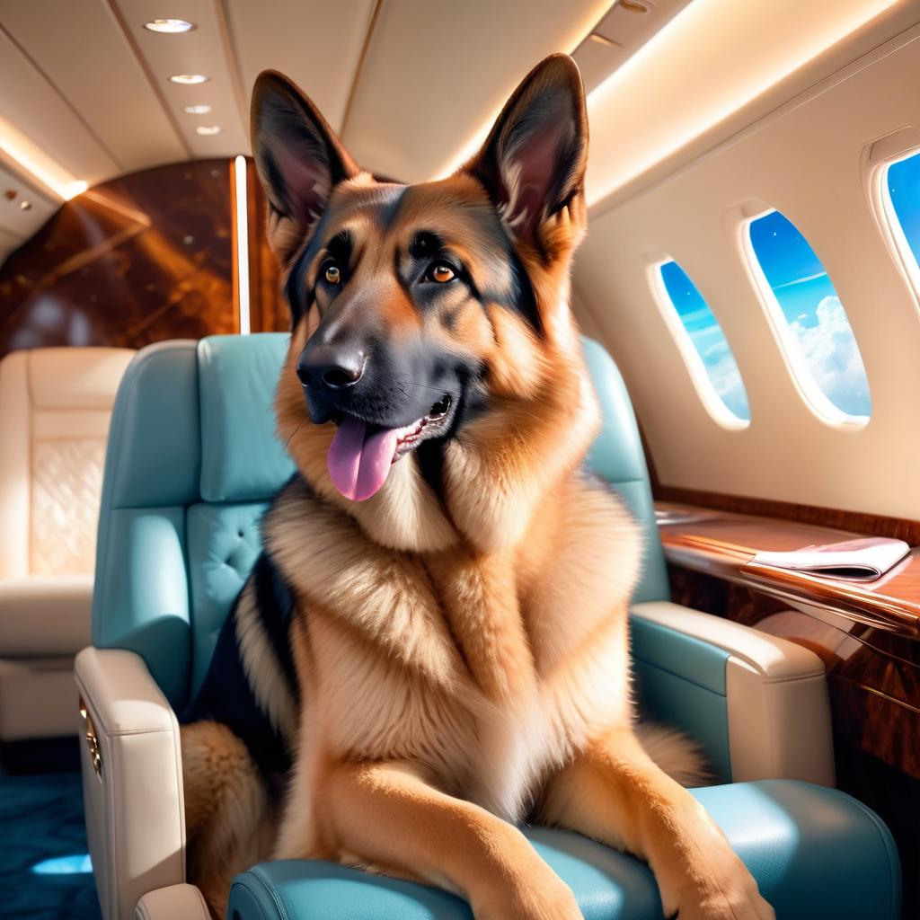 german shepherd in a gulfstream private jet, dressed in elegant clothing, capturing a posh and magical moment.