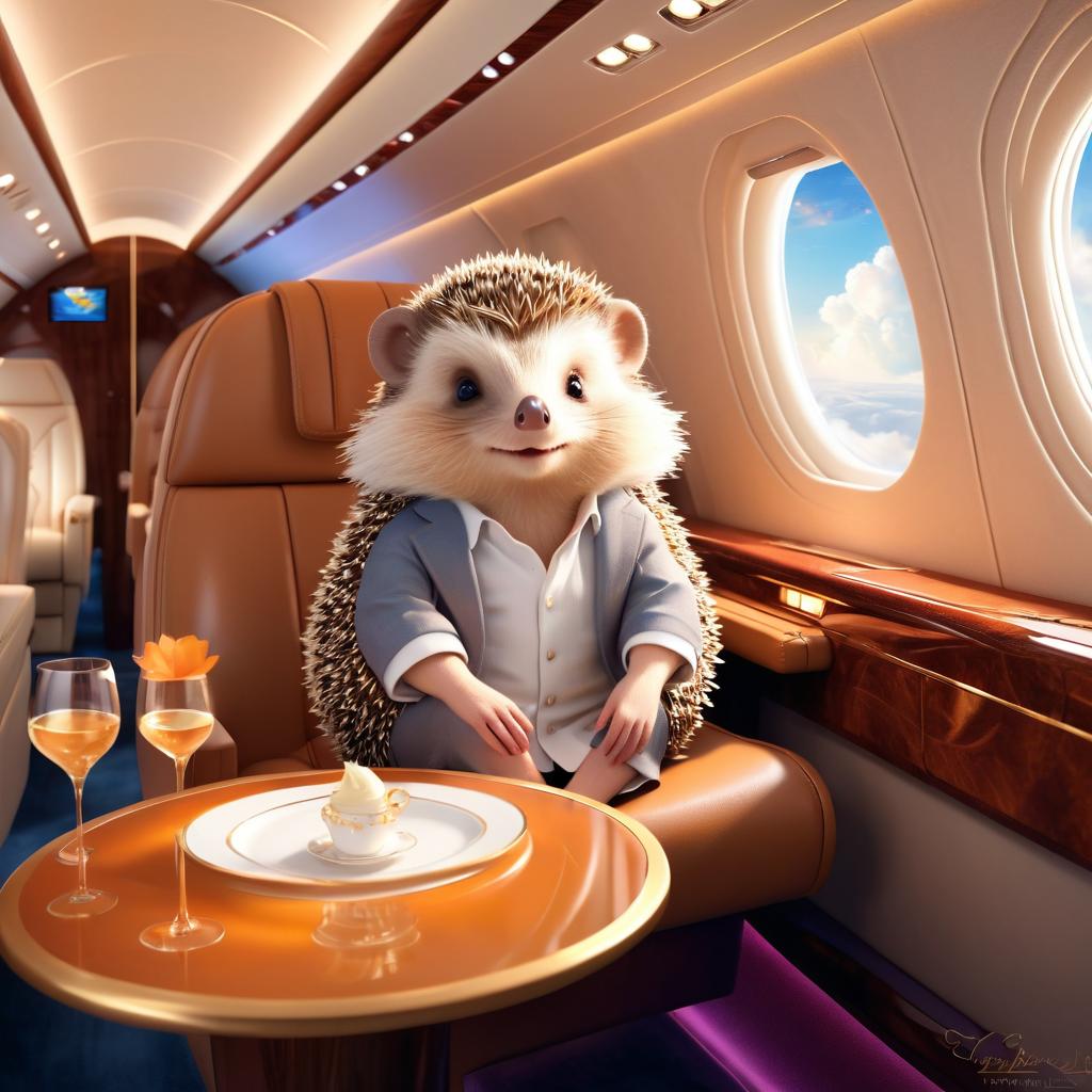 european hedgehog in a gulfstream private jet, dressed in elegant clothing, capturing a posh and magical moment.