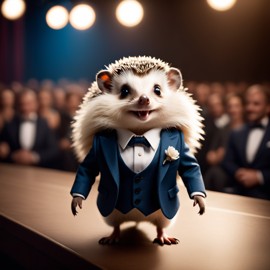 european hedgehog in a classy suit on a fashion stage, showcasing elegance and charm in a highly detailed, epic scene.