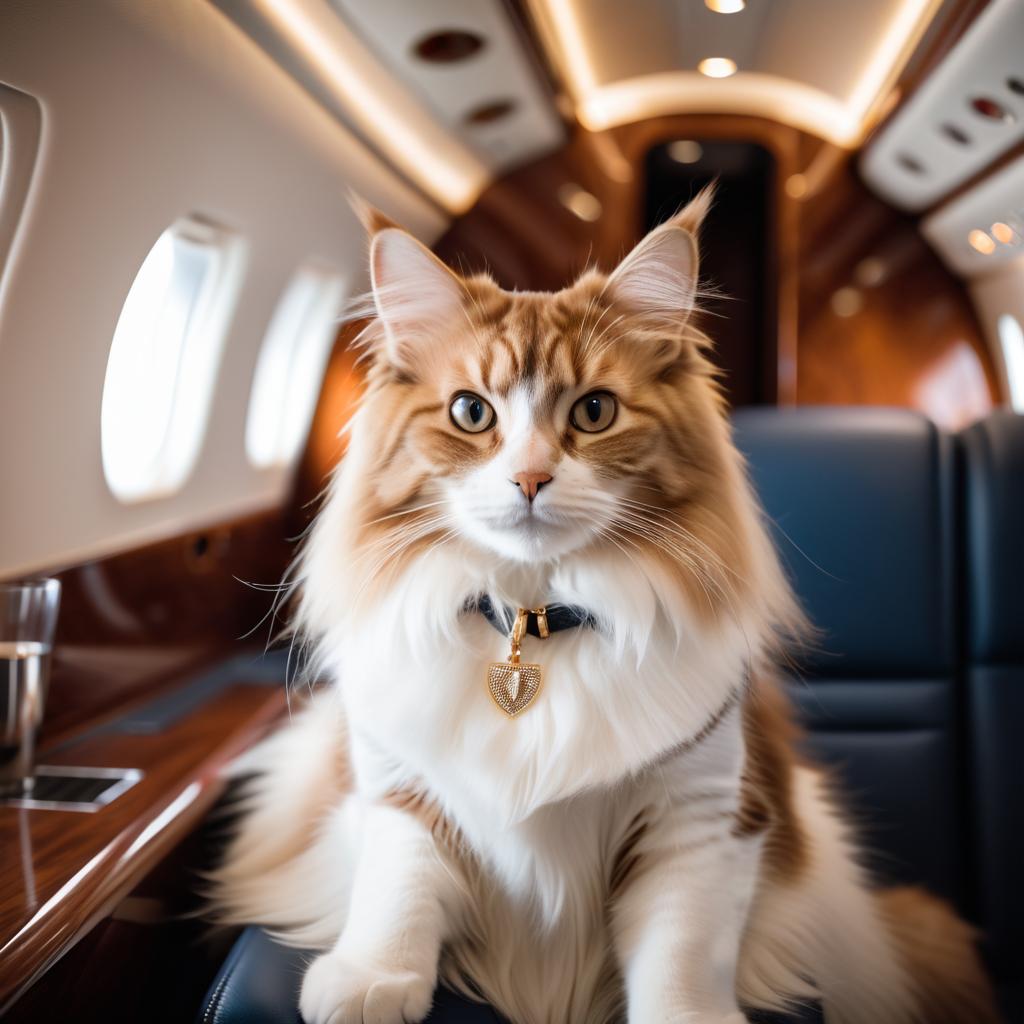 domestic longhair cat in a gulfstream private jet, dressed in elegant clothing, capturing a posh and happy moment.