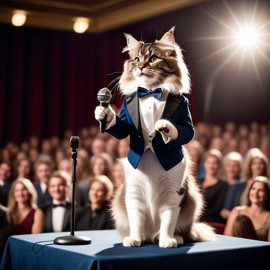 domestic longhair cat as a keynote speaker on stage, dressed elegantly, holding a microphone, exuding charisma and confidence.