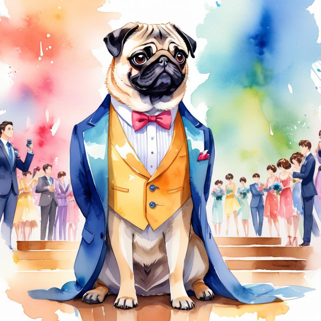 watercolor painting of pug in a classy suit on a fashion stage, capturing elegance and charm in a vibrant, highly detailed illustration.