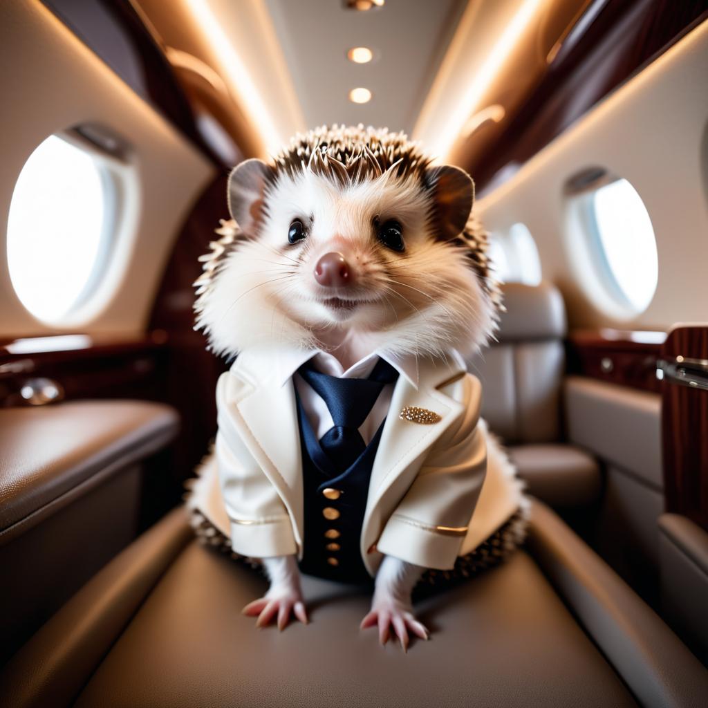 african pygmy hedgehog in a gulfstream private jet, dressed in elegant clothing, capturing a posh and happy moment.