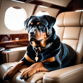 rottweiler in a gulfstream private jet, dressed in elegant clothing, capturing a posh and happy moment.