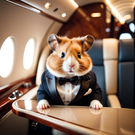 syrian hamster in a gulfstream private jet, dressed in elegant clothing, capturing a posh and happy moment.