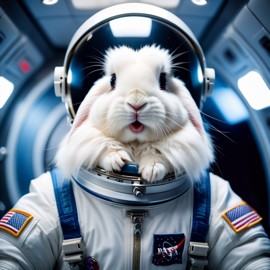 english angora rabbit as astronaut in space, wearing spacesuit, with spacestation background.