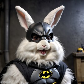 english angora rabbit as batman in batcave, wearing batman suit and mask, highly detailed.