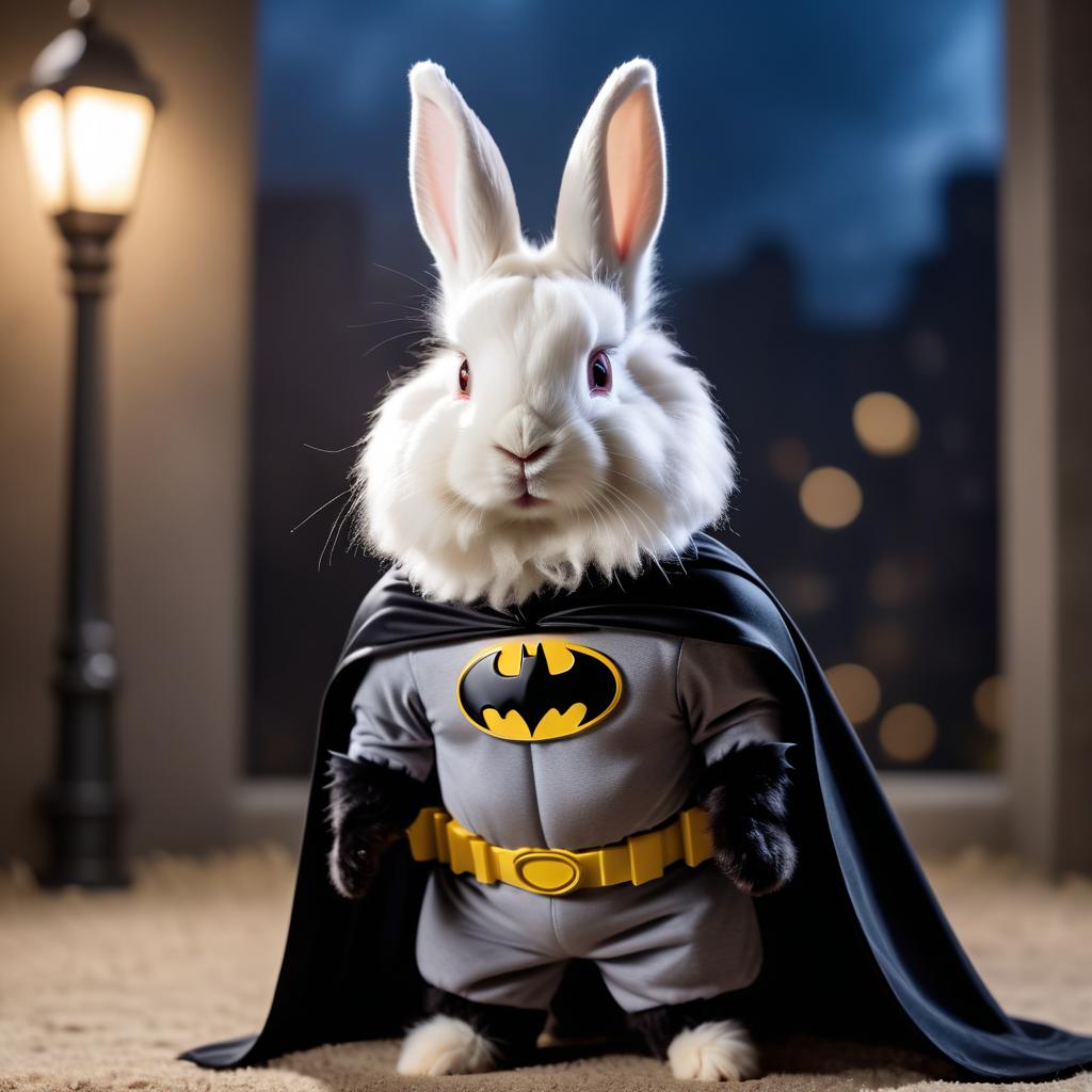 english angora rabbit as batman, wearing batman suit and mask, highly detailed and vibrant.