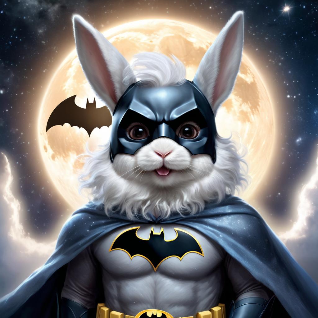 english angora rabbit as batman, ethereal and majestic, wearing batman suit and mask.