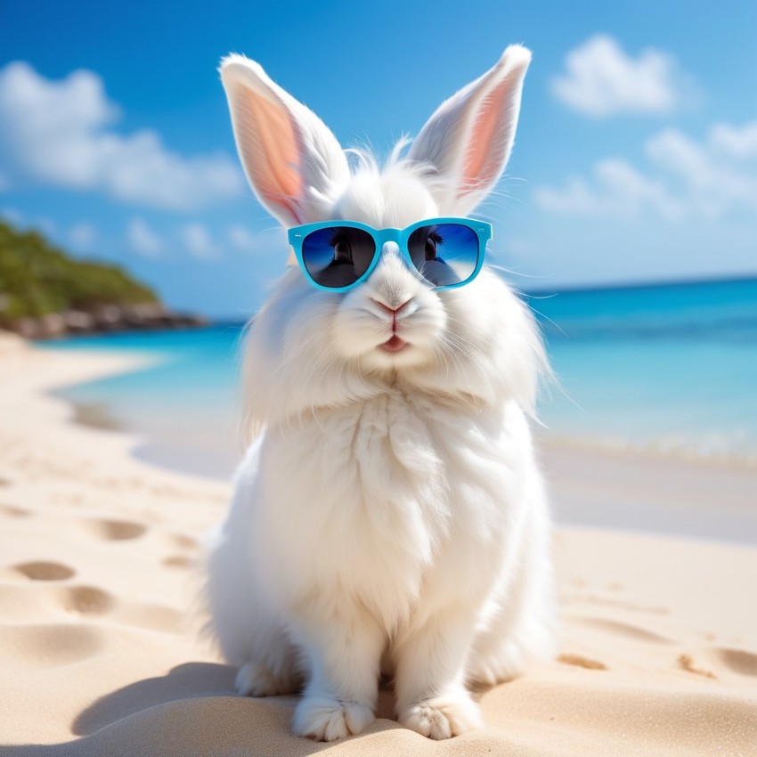 english angora rabbit on a beautiful beach with white sand and blue sea, wearing sunglasses.