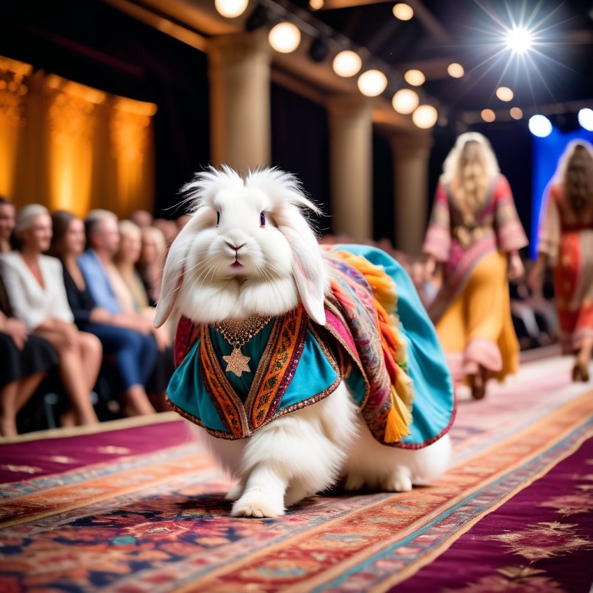 english angora rabbit strutting down the fashion show catwalk stage in a colorful bohemian outfit with flowing fabrics, high energy and joyful.