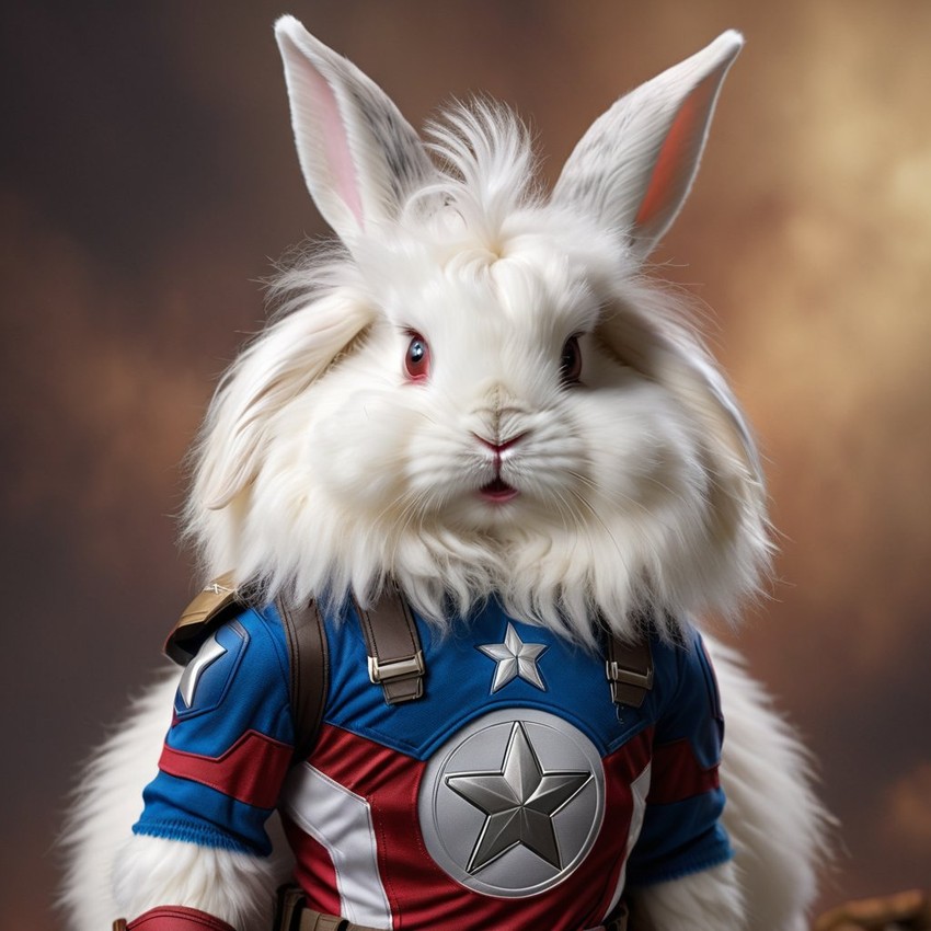 english angora rabbit as captain america from avengers, lifelike and highly detailed.