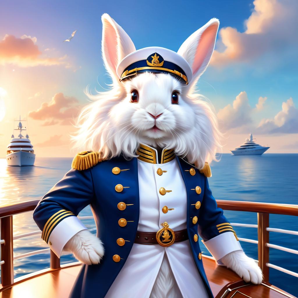 english angora rabbit as a captain on a luxury yacht, wearing captain uniform, ethereal and majestic.