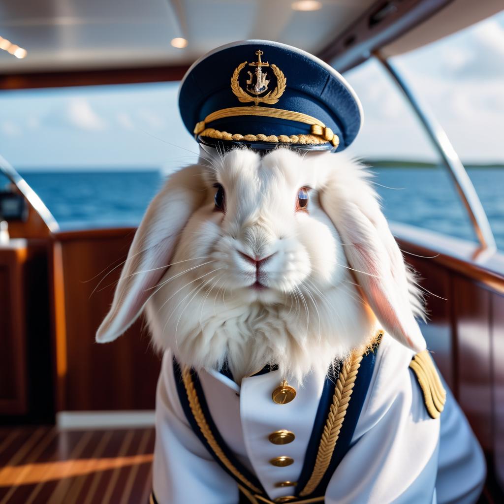 english angora rabbit as a captain on a luxury yacht, wearing captain uniform, against a blue sea.